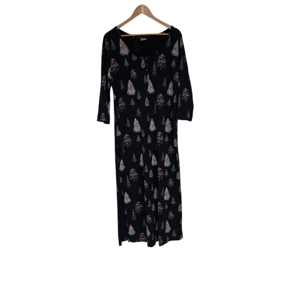 Soma Nightgown Womens Medium Black Christmas Tree Henley Long Sleeve Maxi Dress